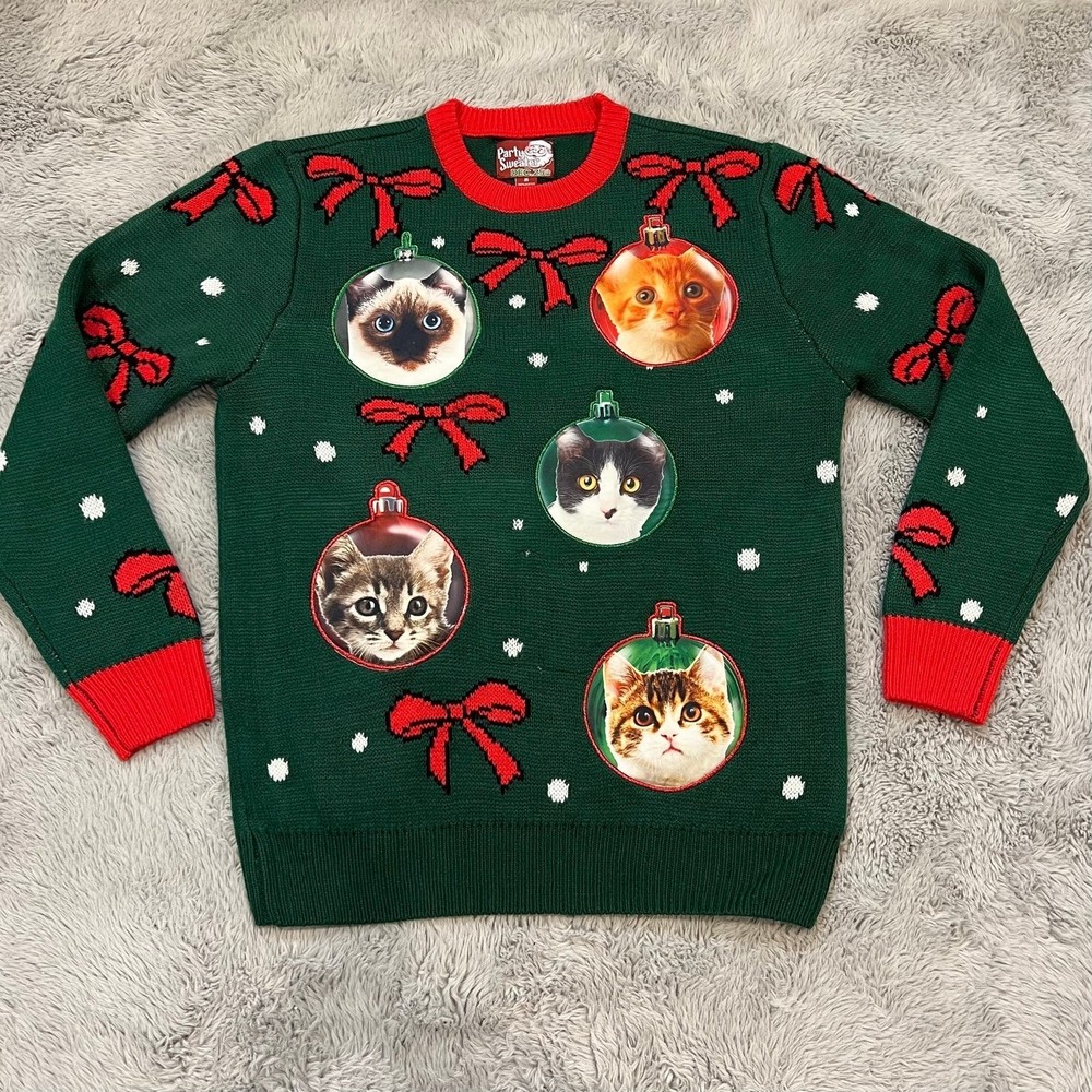 Ugly Party Sweater Cat Christmas Sweater - Medium